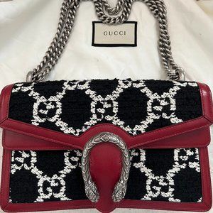 GUCCI Dionysus GG Black White Tweed Red Leather Bag Purse Limited Edition 11 x 7